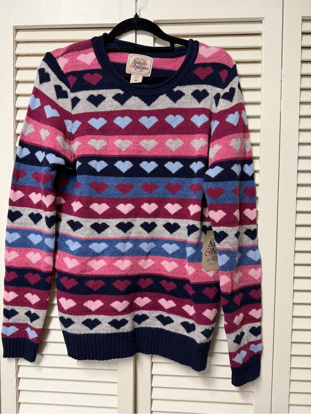 NWT lambs wool sweater Pink Heart Stripe Crewneck Sweater